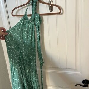 Green and white polka dot halter maxi dress
